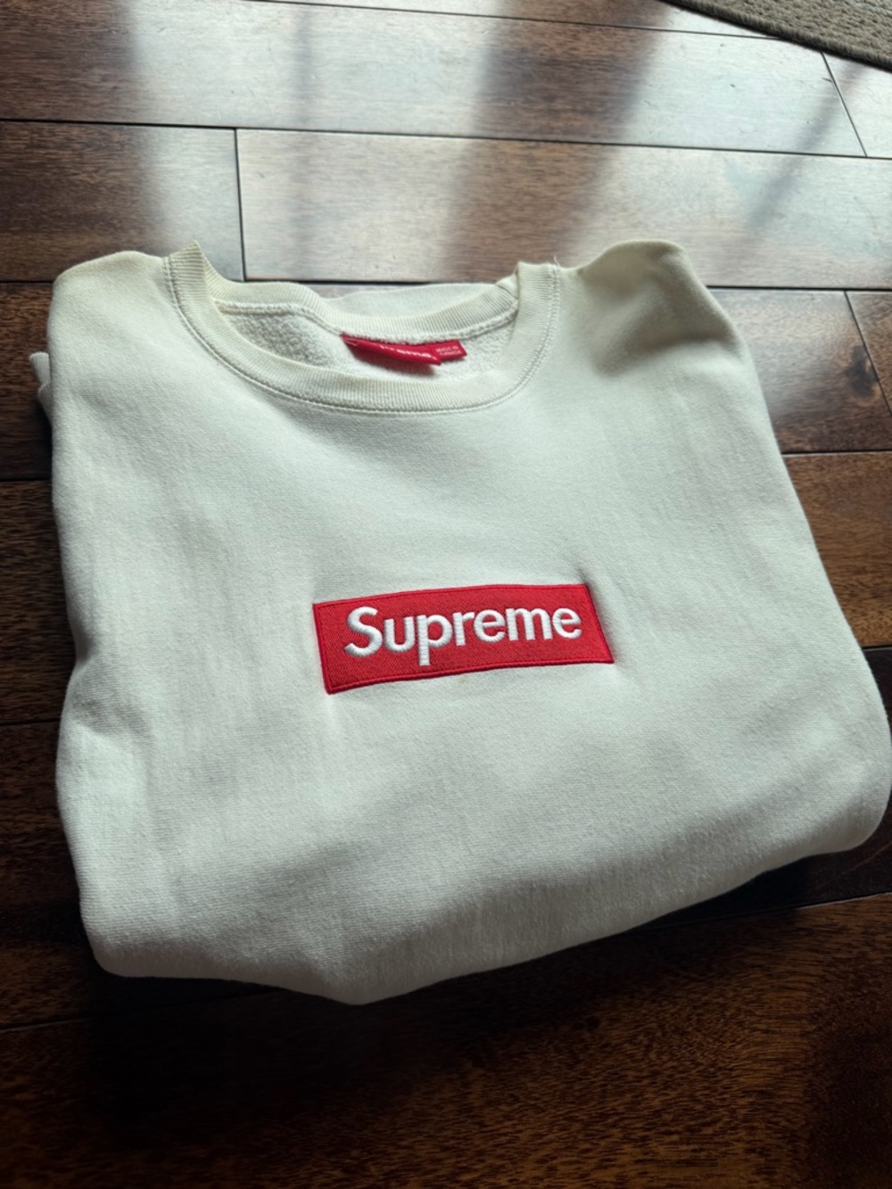 Supreme Cream Crewneck Sweatshirt with Red Box Logo Patch